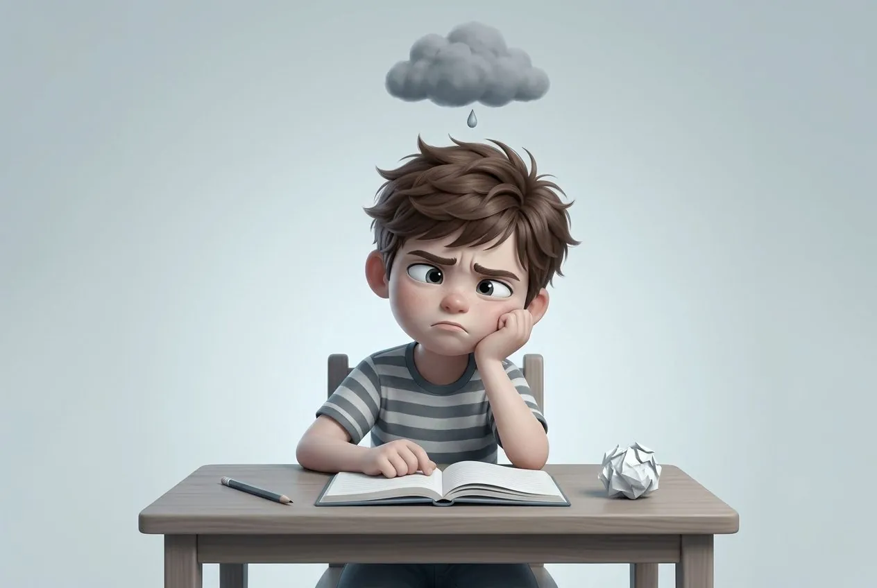 Un garçon frustré devant ses devoirs