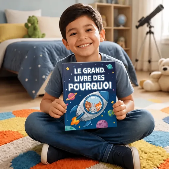 Lucas, d'Paris, France, assis dans sa chambre avec le grand livre des pourquoi