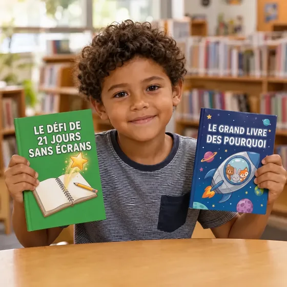 Gabriel, de Strasbourg, France, à la bibliothèque avec Le défi de 21 jours sans écrans et le grand livre des pourquoi