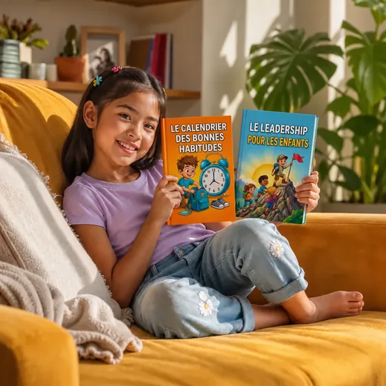Inès, de Lausanne, Suisse, sur le canapé avec Le calendrier des bonnes habitudes et Le leadership pour les enfants