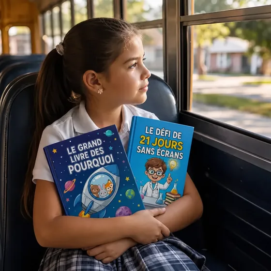 Sarah, de Montréal, Canada, sur le bus avec le grand livre des pourquoi et La loi de Murphy pour les enfants