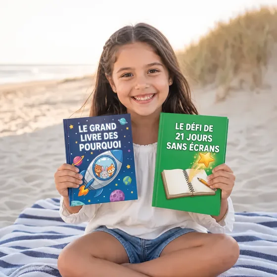 Léa, de Miami, Floride, à la plage avec le grand livre des pourquoi et le Défi sans écran de 21 jours