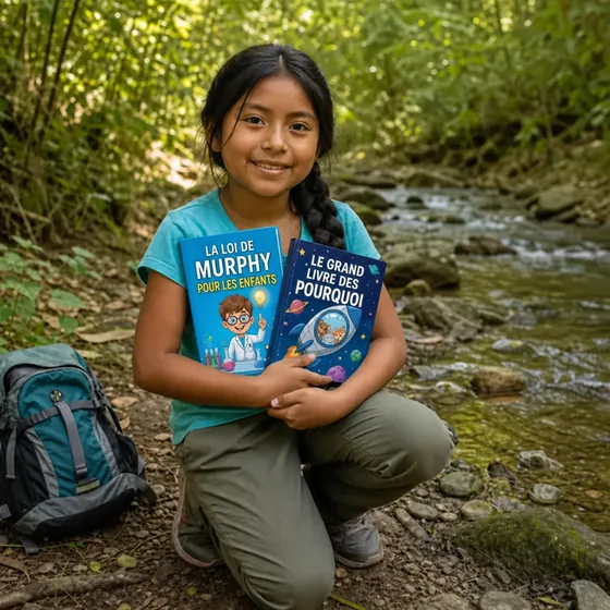 Zoé, d'Édimbourg, en Écosse, à côté du ruisseau avec La loi de Murphy pour les enfants et Le grand livre des pourquoi