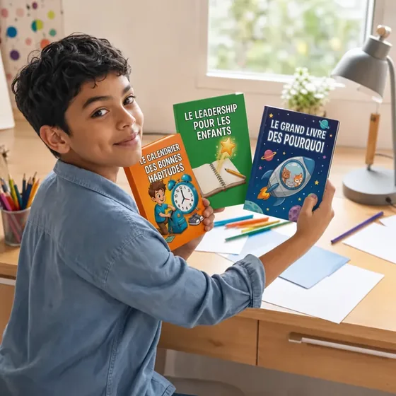 Théo, de Rennes, France, à son bureau avec trois de ses ebooks